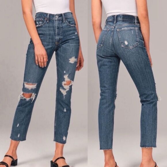 A&F High‎ Rise Mom Jean 25 Regular Ripped Dark Wash - Picture 1 of 8
